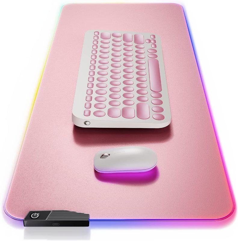 Photo 1 of *MOUSE AND KEYBOARD NOT INCLUDED* RGB Desk Mat,Oterri Waterproof Leather Gaming Desk Pad,Non-Slip Rubber Base Keyboard Mouse Pad,Soft Large Desk Boltter with Multiple Lighting Modes for Home/Decor/Office, (31.5"×11.8",Pink)