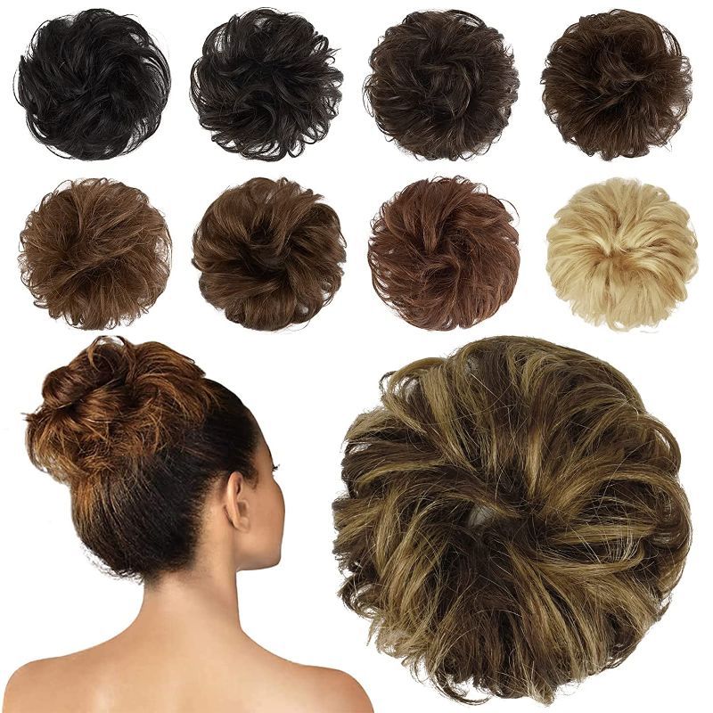 Photo 1 of  Human Hair Messy Buns, 100% Human Hair Bun Hair Piece Real Hair Extension Wavy Curly Hair Scrunchies BROWN 