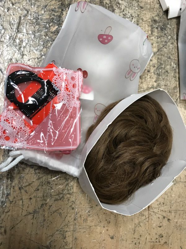 Photo 2 of  Human Hair Messy Buns, 100% Human Hair Bun Hair Piece Real Hair Extension Wavy Curly Hair Scrunchies BROWN