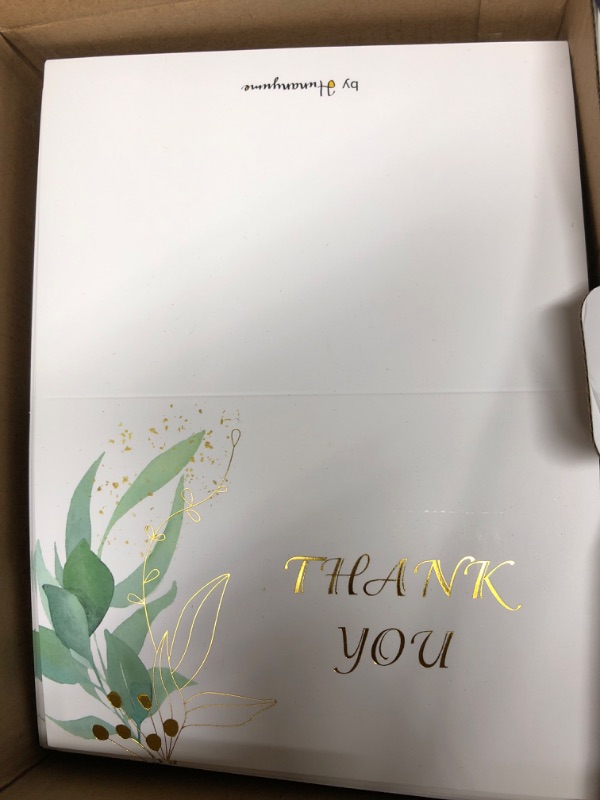 Photo 1 of 100 Pack Greenery Thank You Cards, 4x6 Gold Foil Eucalyptus Wedding Cards Blank Thank You Notes with Envelopes Bulk for Baby Shower Bridal Birthday Business