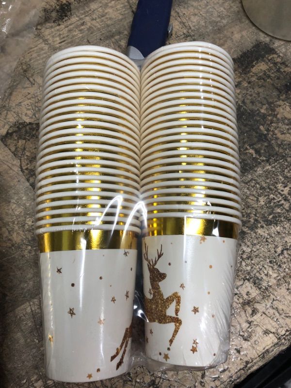 Photo 1 of NETTEMPT Disposable Christmas Cups(50 Pack 9 oz).Paper in Golden Elk Design with Gold Foil Outline and Star for Holiday Party Supplies