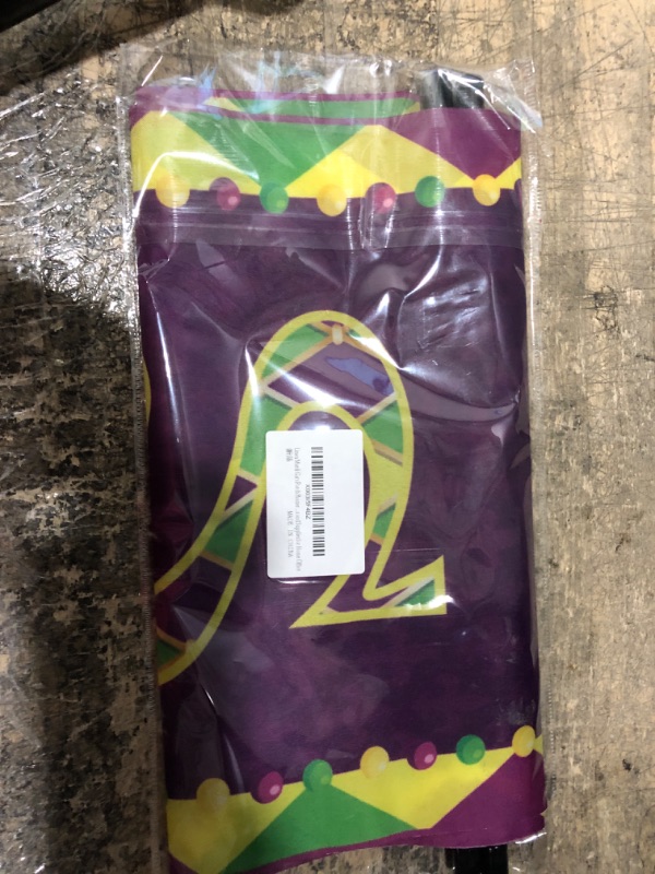 Photo 1 of Linen Mardi Gras Porch Banner Carnival Party Decorations Purple Yellow Green Diamond Lattice Front Door Sign Wall Hanging Decorations and Supplies for Home Office