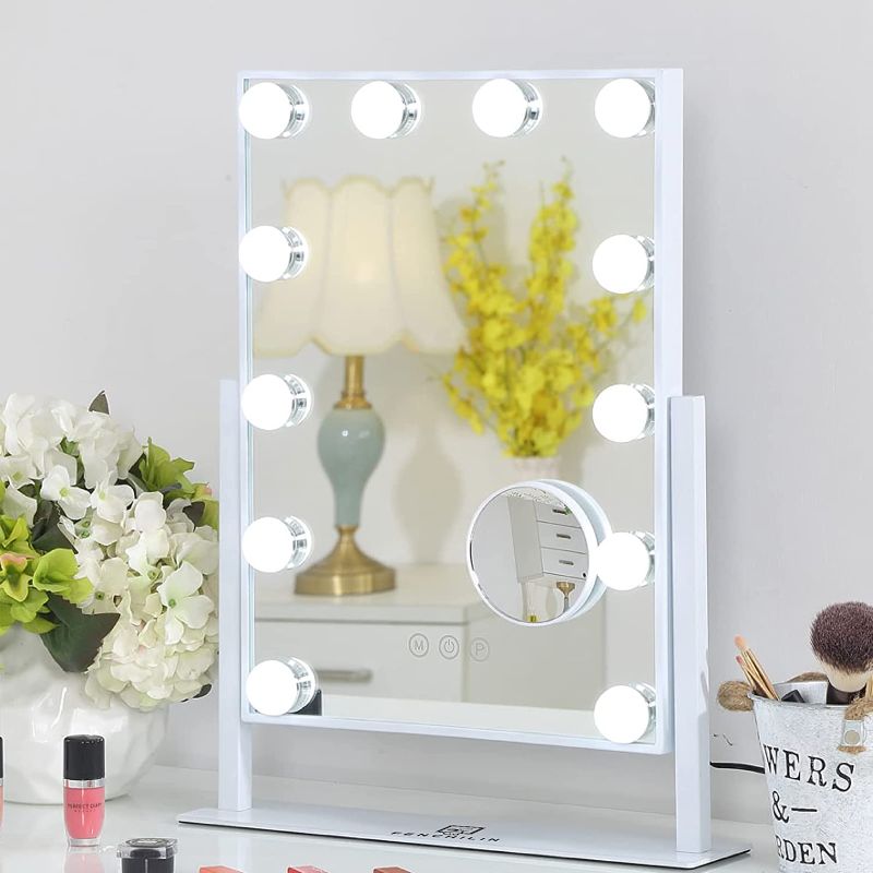 Photo 1 of FENCHILIN Lighted Makeup Mirror Hollywood Mirror Vanity Makeup Mirror with Light Smart Touch Control 3Colors Dimmable Light Detachable 10X Magnification 360°Rotation(White)
