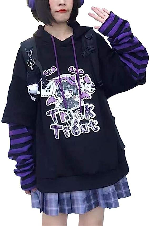 Photo 1 of BZB Women's Halloween Kwaii Cartoon Anime Casual Hooded Sweatshirt Harajuku Fake Two Piece Pullover Hoodies Tops