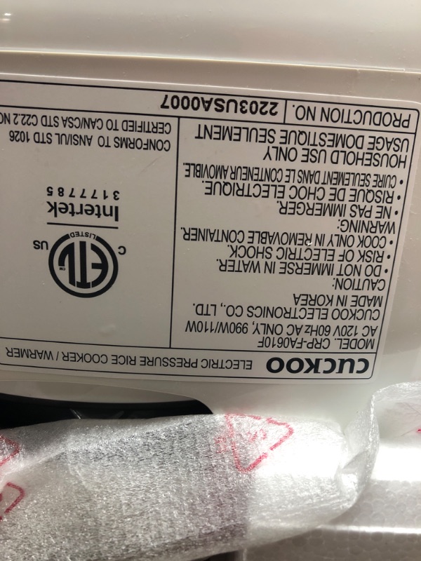 Photo 2 of *** POWERS ON *** CUCKOO CRP-FA0610FR | 6-Cup (Uncooked) Pressure Rice Cooker | 11 Menu Options: Quinoa, Brown Rice & More, Voice Guide, Made in Korea | White/Red