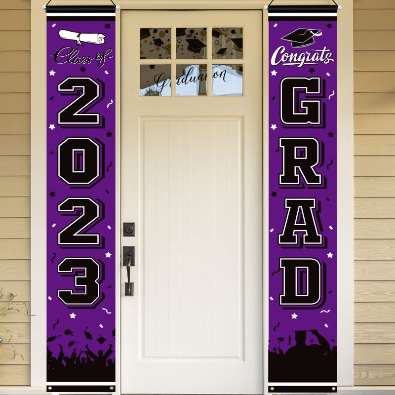 Photo 1 of 2 PACK 2023 Graduation Party Decorations Porch Sign Banner Purple Large Congrats Grad Party Supplies Decorations Door Banner for Graduation Party