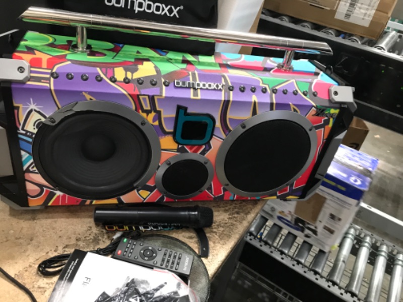 Photo 2 of Bumpboxx Bluetooth Portable Speaker Boombox Flare8 NYC Graffiti | Retro Boombox with Bluetooth Speaker | Rechargeable Lithium Battery | Includes Wireless Microphone, Carrying Strap & Remote Control Bumpboxx Originals BB - NYC Graffiti