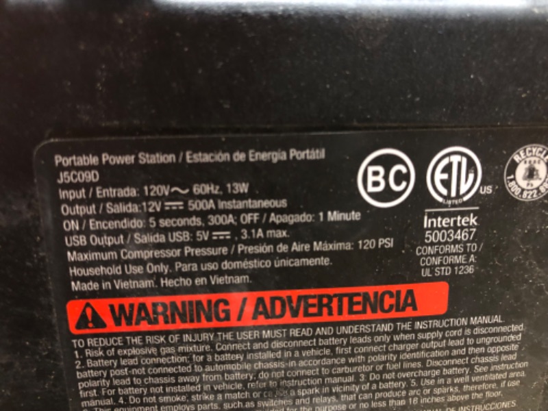 Photo 6 of (minor damage)STANLEY J5C09D Digital Portable Power Station Jump Starter 1200 Peak Amp Battery Booster, 120 PSI Air Compressor, 3.1A USB Ports, Battery Clamps