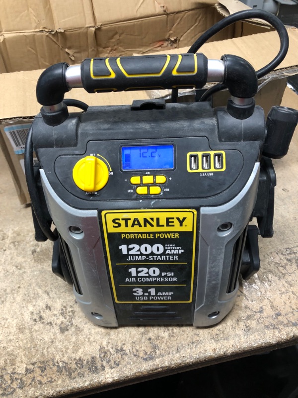 Photo 2 of (minor damage)STANLEY J5C09D Digital Portable Power Station Jump Starter 1200 Peak Amp Battery Booster, 120 PSI Air Compressor, 3.1A USB Ports, Battery Clamps