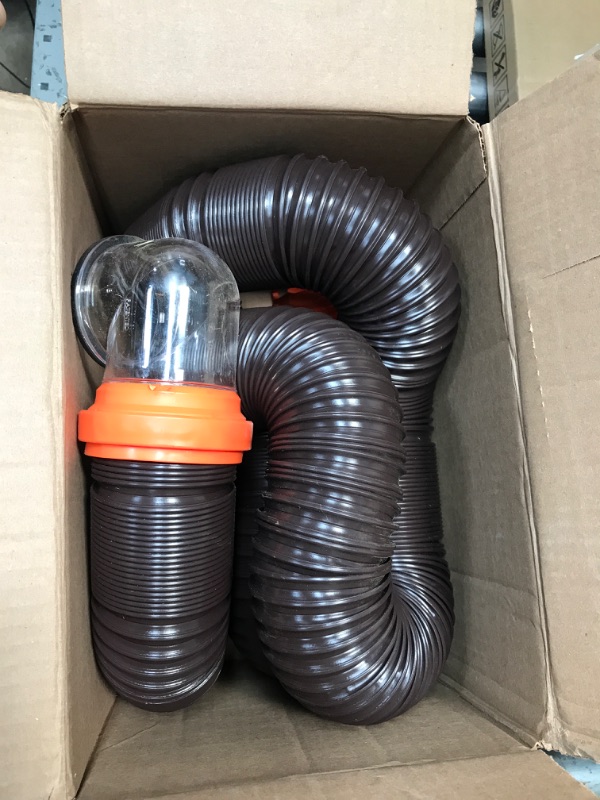 Photo 2 of Camco RhinoFLEX RV Sewer Hose Kit with Swivel Transparent Elbow and 4-in-1 Dump Station Fitting, Brown, 15 Feet (39770) 15ft Sewer Hose Kit Frustration-Free Packaging