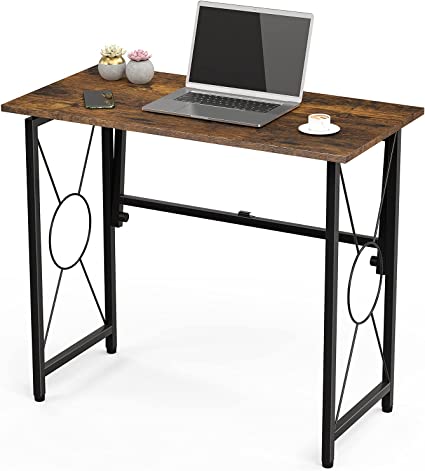 Photo 2 of XBurmo 31.5" Computer Desk for Small Place, Foldable Desk Home Office Desk, Black Metal Frame, Modern Industrial Style Study Writing Table, No Assembly Required, Rustic Brown
