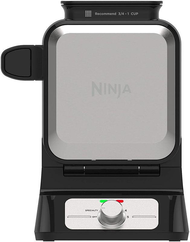 Photo 1 of ***TESTED/ POWERS ON***Ninja BW1001 NeverStick PRO Belgian Waffle Maker, Vertical Design, 5 Shade Settings, with Precision-Pour Cup & Chef-curated Recipe Guide, Black & Silver