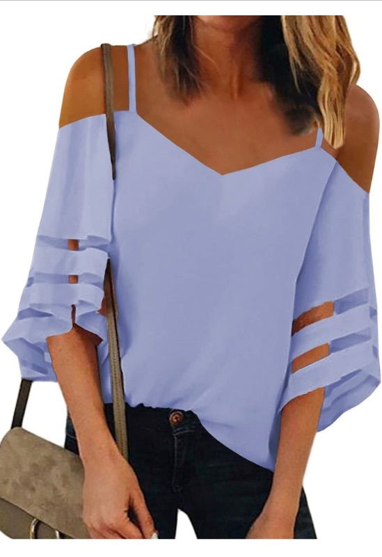 Photo 1 of ROSKIKI Womens Summer Sexy Cold Shoulder Tops Mesh Panel 3/4 Bell Sleeve Solid Color Tees Loose Fit Shirts