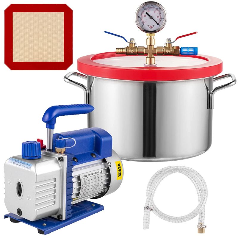 Photo 1 of 1 Gallon Vacuum Degassing Chamber Stainless Steel Degassing Chamber 3.8L Vacuum Chamber Kit with 3 CFM Single Stage Vacuum Pump