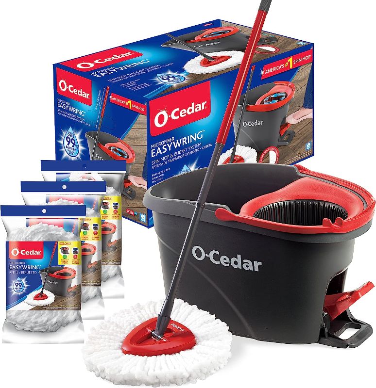 Photo 1 of *SMALL DENT ON SIDE** O-Cedar Easywring Microfiber Spin Mop & Bucket Floor Cleaning System with 3 Extra Refills
