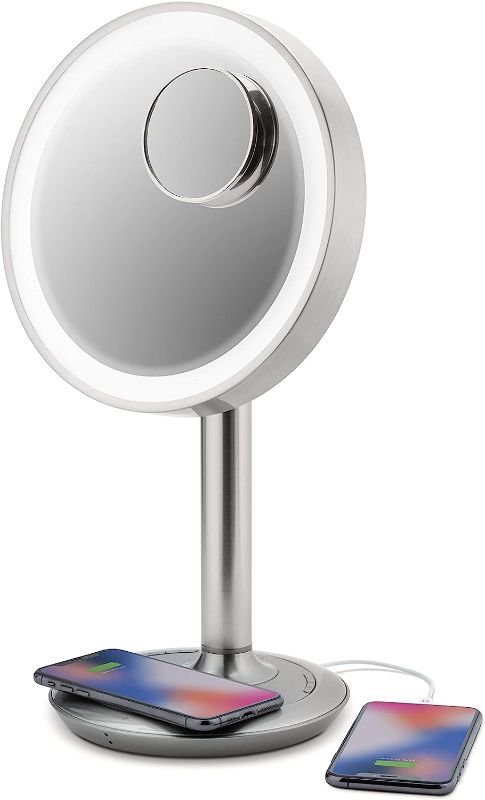 Photo 1 of **MISSING CORDS* iHome 9" LUX Power Bluetooth Makeup Vanity Mirror with Wireless Charging and USB Charging, Bluetooth Audio, 10X Removable Magnification Mirror, Tilting Any Angle, Full Spectrum Lighting
