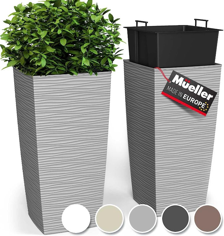 Photo 1 of *SEE NOTES* Mueller M-Resin Heavy Duty Tall Planter, Indoor/Outdoor Grande Plant, Tree, Flower Pot, 2-Piece Set, 18”, Modern Design, Built-in Drainage, Light Grey
