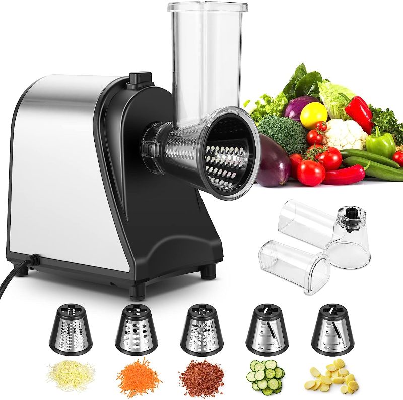 Photo 1 of Electric Cheese Grater, Professional Salad Maker with 5 Stainless Steel Rotary Blades and One-Touch Control, 250W Electric Shredder Vegetable Cutter for Fruit, Vegetables, Cheeses (Larger Feed Pipe)
