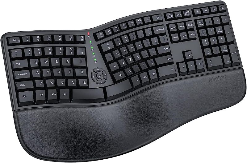 Photo 1 of MEETION Ergonomic Keyboard, Wireless Computer Keyboard, Ergo Split Keyboard with Cushioned Wrist, Palm Rest, Curved, Natural Typing, Full Size 112 Keys for Windows/Mac/Computer/Laptop/PC, Black
