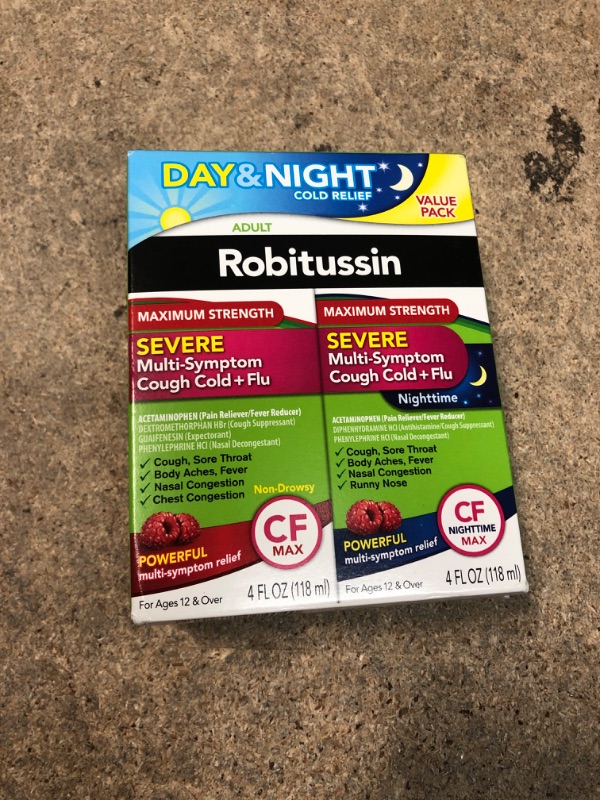 Photo 2 of Robitussin Maximum Strength Severe Multi-Symptom Cough Cold 4 fl. oz.+ Flu Day & Night 4 fl. oz. Bottles Raspberry 4 Fl Oz (Pack of 2) BEST BY 5/24