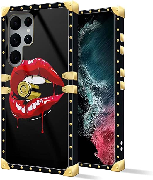 Photo 1 of Goodsprout Compatible with Samsung Galaxy S22 Ultra Case,Red Lip Bite Bullet Luxury Golden Decoration Square Soft TPU Shockproof Protective Hard PC Back
2 PACK 