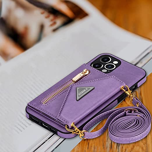 Photo 1 of KUDEX Wallet Case for iPhone 13 Pro Max,Slim Fit Card Holder Case with Crossbody Strap Leather Magnetic Handbag Protective Folding Case Cover for Women Girl for iPhone 13 Pro Max 6.7" 2021(Purple)
