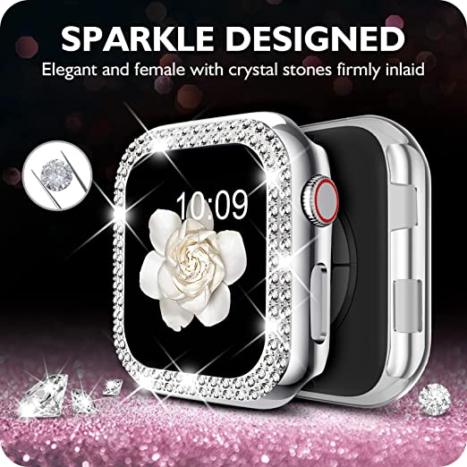 Photo 1 of DABAOZA Compatible for Apple Watch 38mm Case Bumper Cover Ultra Series 8 7 6 5 4 3 2 1 SE, Bling Women Girls Dressy Diamonds Crystal Bumper Hard PC Shockproof Case for iWatch (Silver, 38mm)   2 PACK