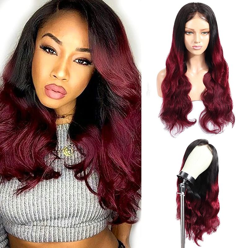 Photo 1 of Burgundy Lace Front Wigs Human Hair 20 Inch Body Wave 4x4 Ombre Dark Red Human Hair Wigs Lace Front for Black Women Pre Plucked Brazilian Natural Curly Wave Water Wavy Hair Wig (20", 180% Density)