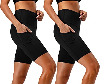 Photo 1 of DEVOPS Women's 2-Pack High Waist Workout Yoga Running Exercise Shorts with Side Pockets, Black & Blue pair. 