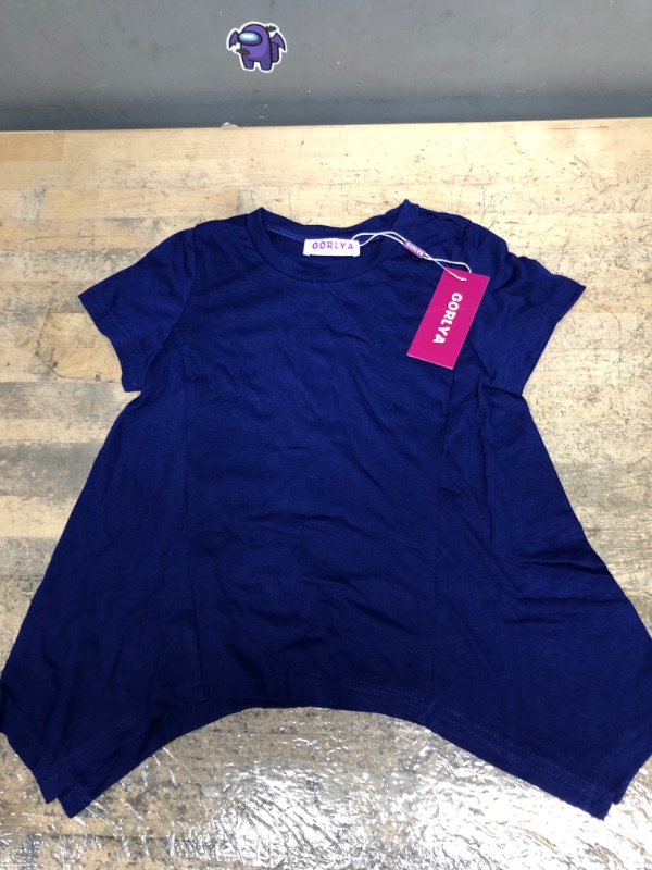 Photo 2 of GORLYA Girl's Short Sleeve Irregular Hem Asymmetrical Casual Tunic Loose Fit T-Shirt Tops for 6-7Y - Navy