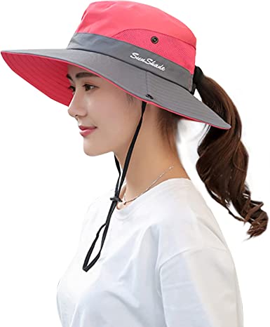 Photo 1 of 2 SETS - Ponytail Sun Hat for Women UV Protection Fishing Hat Foldable Mesh Wide Brim UPF 50+