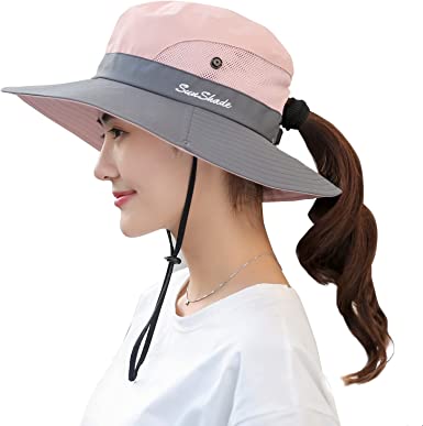 Photo 2 of 2 SETS - Ponytail Sun Hat for Women UV Protection Fishing Hat Foldable Mesh Wide Brim UPF 50+