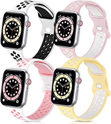 Photo 1 of 2 SETS - GROGON Compatible with Apple Watch Bands 44mm 42mm 45mm 41mm 40mm 38mm for Men Women, 4 Pack Silicone Sport Waterproof Breathable Soft Replacement Strap for iWatch SE Series 7/6/5/4/3/2/1