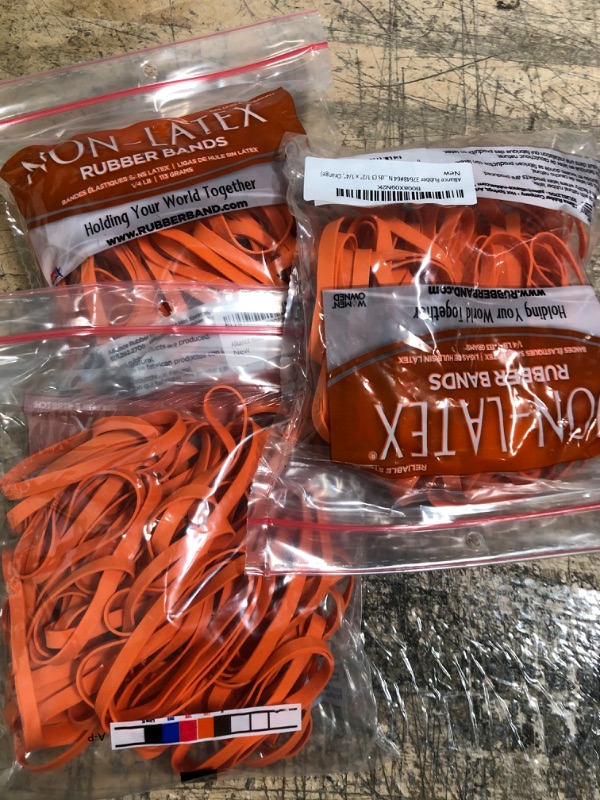 Photo 2 of 3 pack- Alliance Rubber 37648#64 Non-Latex Rubber Bands, 1/4 lb Poly Bag Contains Approx. 95 Bands (3 1/2" x 1/4", Orange) 3 1/2 x 1/4 inches 1/4 Pound Bag