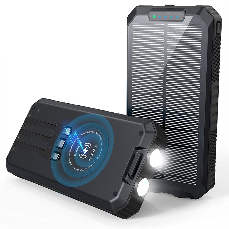 Photo 1 of fuzzelut Solar Power Bank, 30000mAh Portable Solar Charger Power Bank, Solar Panel Charger with Quick Charge 3.0 Type C Input Port & 6 Outputs & Dual Flashlight, Wireless Solar Phone Charger
