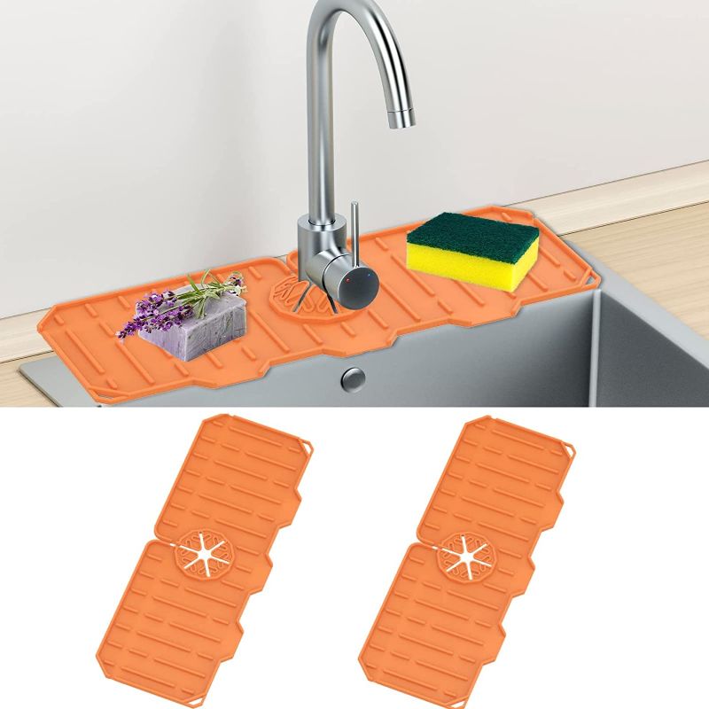 Photo 1 of 2 Pack Silicone Sink Splash Guard, Kitchen Faucet Mat Handle Drip Catcher Tray, Faucet Absorbent Mat Sink Protectors Accessories for Kitchen Sink by ECOREPUBLIC (Orange)--  2 ITEMS 
