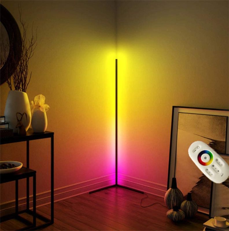 Photo 1 of Corner Floor Lamp - RGB Color Changing Mood Lighting Corner Lamp with Remote, Dimmable LED Modern Floor Lights for Living Room, Bedrooms, Home Décor, Party, Christmas, Black