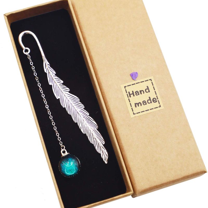 Photo 1 of 2 pk- Toirxarn Metal Feather Bookmark - Unique 12 Constellation Designs with Fluorescent Pendants, Perfect Gift Idea for Women's Birthday, Girls, Boy Friends, Readers, Students, and Teachers(Blue Taurus) Blue Pendant Ball Taurus