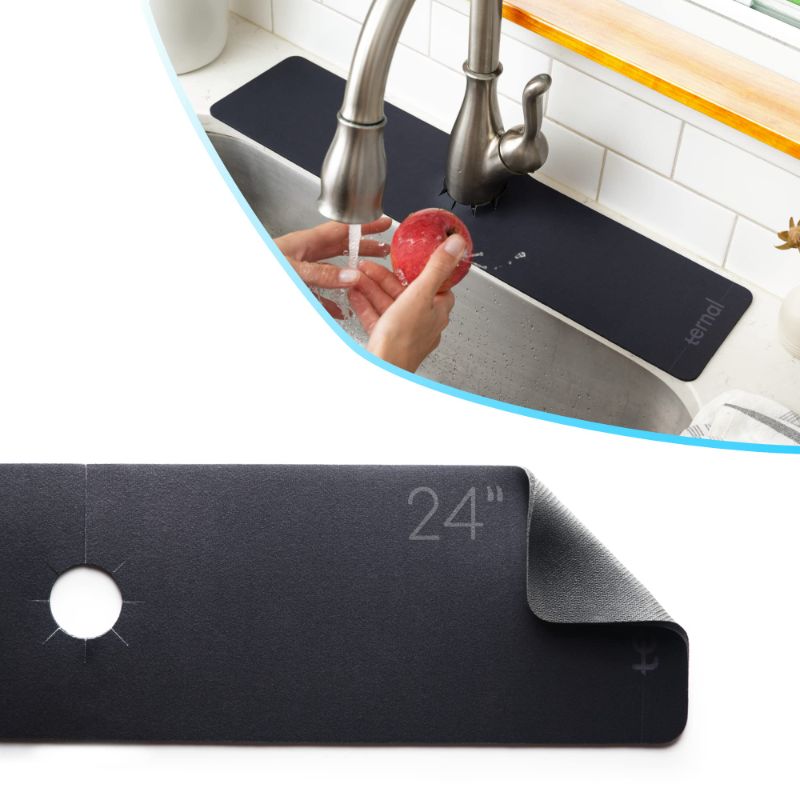 Photo 1 of 2 pk- Ternal Sinkmat for Kitchen Sink Faucet, Absorbent Diatom Rubber, Black, Large Size, Splash Guard & Drip Catcher for Around Faucet Handle 24in XL Black