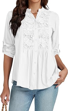 Photo 1 of LYANER Women's Roll Up Sleeve V Neck Lace Crochet Button Down Shirt Casual Peplum Blouse Tunic Tops 2XL