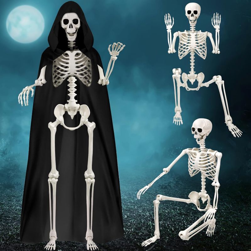 Photo 1 of 5.4Ft Halloween Life Size Skeleton Decoration, Posable Full Body Giant Human Skeleton Prop with Black Cloak Plastic Large Skeleton for Halloween Party Outdoor Indoor Yard Lawn Scary Decor