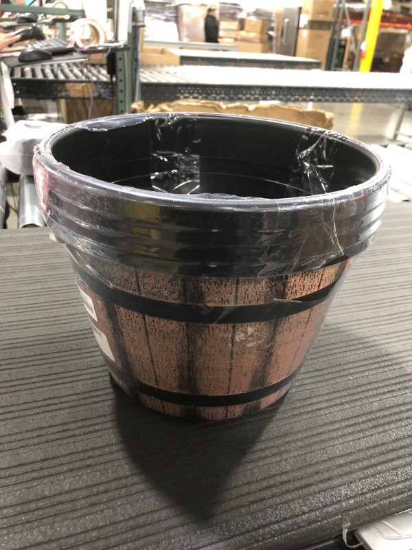 Photo 2 of Quarut Plant Pots Set of 4 Pack 12 inch,Large Whiskey Barrel Planters with Drainage Holes & Saucer.Plastic Flower Pots Imitation Wine Barrel Design, for Indoor & Outdoor Garden Home Plants (Brown) 12 inches