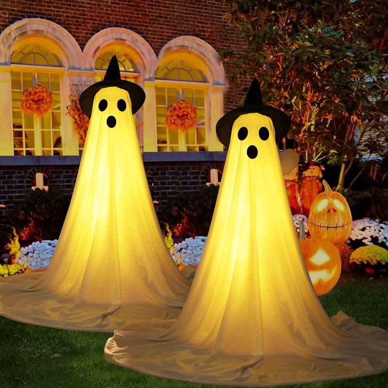 Photo 1 of [Timer] 2Packs Halloween Decorations Outdoor, Cute Halloween Decorations Indoor, Spooky Ghost Halloween Decor with Witch Hat, Scary Ghosts Decor with LED Lights for Front Porche Yard Garden Hom