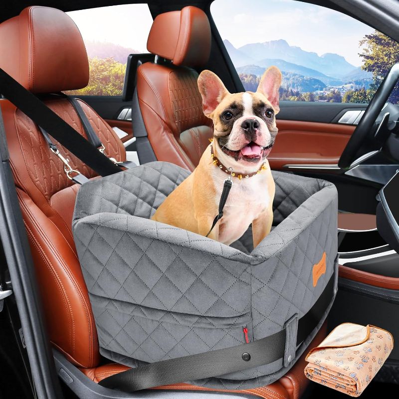 Photo 1 of Dog Booster Car Seat for Small Dogs Under 25 lbs, Elevated Dog Car Seat, Detachable Washable Dog Car Booster Seat, Dog Travel Seat for Car, Dog Seat Belt, Storage Pocket, Dog Blanket