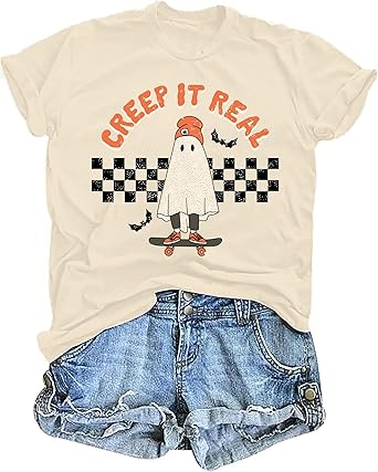 Photo 1 of Halloween Ghost Shirt Women Creep It Real Tshirt Retro Ghost Skateboard Graphic Tee Spooky Season Fall Short Sleeve Top S