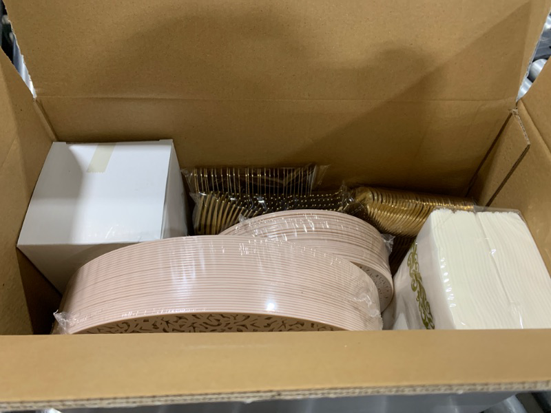 Photo 2 of LUODA 210PCS Pink Disposable Plates, Pink Plastic Plates Set, Includes: 30 Dinner Plates, 30 Dessert Plates, 90 Silverware Sets, 30 Gold Cups, 30 Napkin, Ideal for Party and Wedding