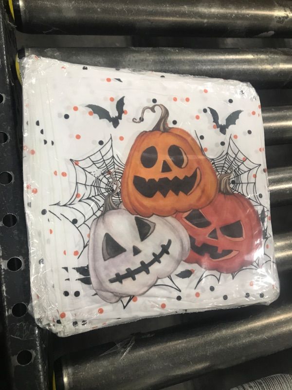 Photo 2 of Horaldaily Halloween Cloth Napkins 18 x 18 Inch, White Orange Jack-O-Lantern Pumpkin Cobweb Party Dinner Decoration Washable Napkins Set of 12