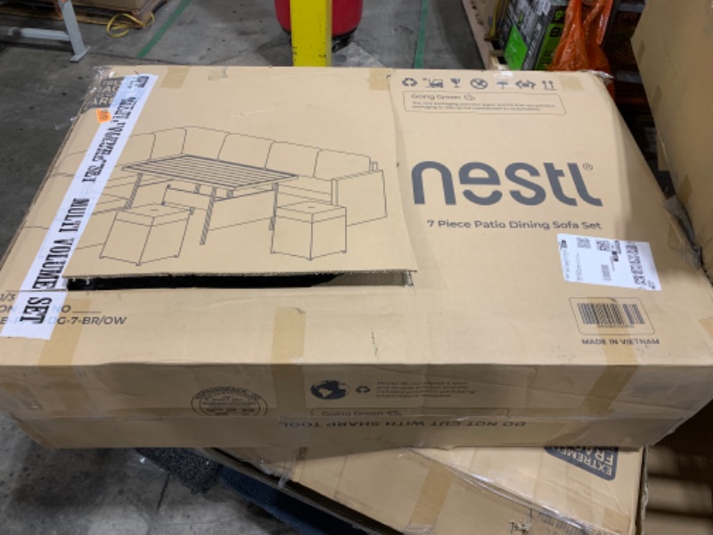 Photo 2 of *MISSING PARTS* Nestl Outdoor Dining Set - 7 Piece Wicker Patio Set with Outdoor Dining Table, Outdoor Sectional Sofa and 3 Ottomans, Outdoor Patio Furniture, Patio Sectional, Patio Table and Chairs Set (BROWN)
3/3
MISSING BOX 2/3