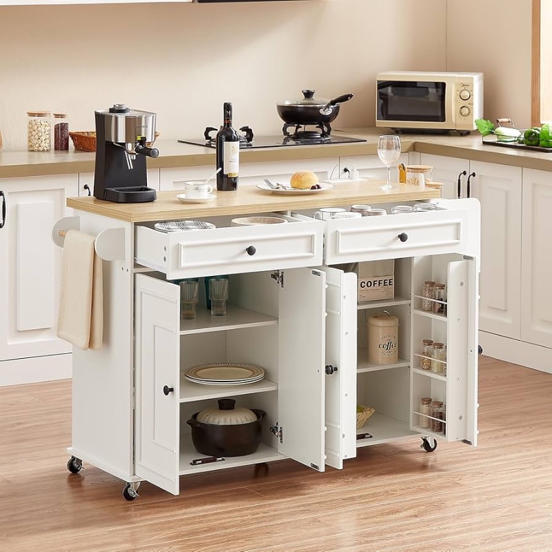 Photo 1 of 58" Mobile Kitchen Island, Kitchen Island Cart with Power Outlet, Island Table for Kitchen, Home Bar Carts with Storage, Kitchen Rolling Island with Spice Rack & Towel Rack & Knife Holder