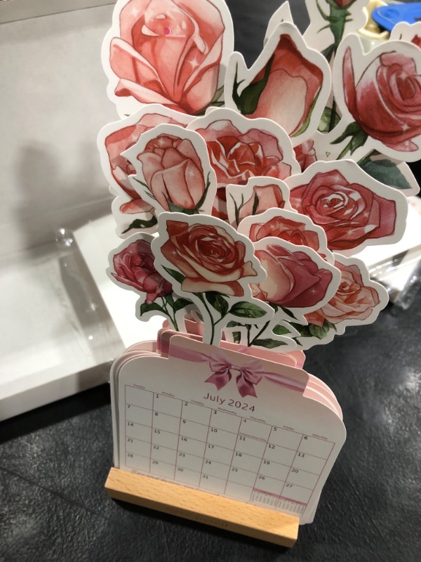 Photo 2 of Ospelelf Floral Desk Calendar 2024-2025, Mini Monthly Standing Flip Motivational Rose Decorative Calendars, from July 2024 to June 2025, 12 Months, Home Office Decor Desk Accessories Pink